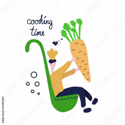 Chef sitting in a ladle and holding a large carrot and  text cooking time. Flat vector illustration.