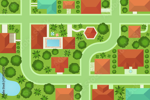 Top view of town neighborhood vector, residential buildings,parks and streets from above illustration