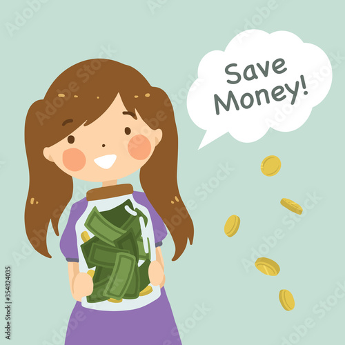 Cute little girl holding her money jar full of money in doodle vector illustration