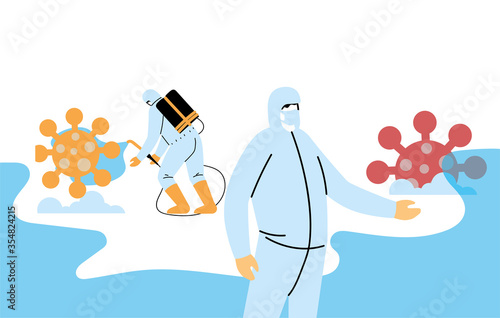 Men wearing protective suit and disinfectant isolated to avoid covid 19