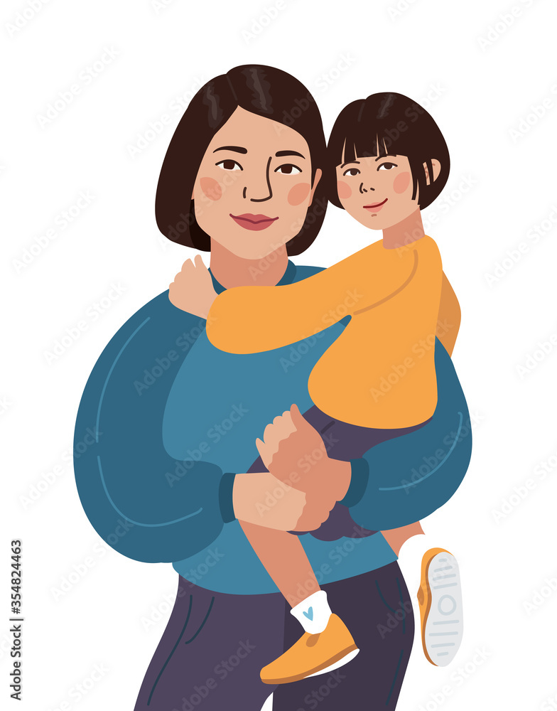 Obraz premium Mom and daughter family portrait. Asian mother and daughter. Sport wear and sneakers. Vector illustration simple shapes