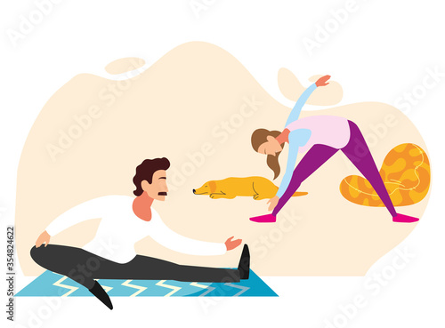 couple doing stretching and strength exercises in living room