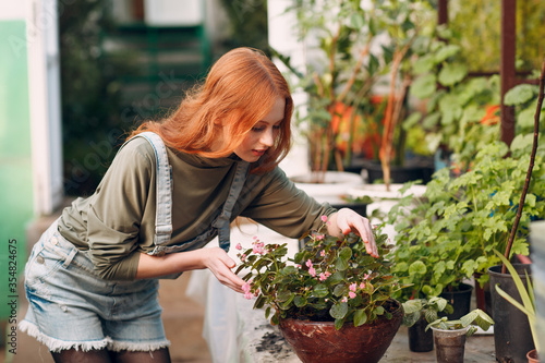 Home gardening concept. Young pretty woman planting plants. Spring home garden plant.