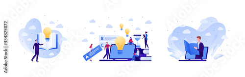 Online education and exam test concept. Vector flat people illustration set. Collection human character with laptop computer, lightbulb, book element. Design for college, school, academy course banner