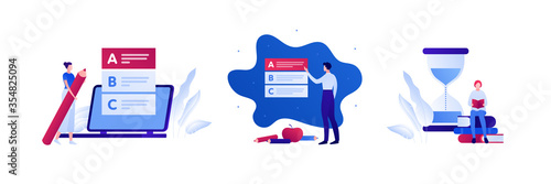 Online education and exam deadline concept. Vector flat people illustration set. Collection human character with laptop, test answer choose, hourglass watch. Design for college, school, course banner