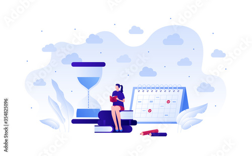 Business education and exam deadline concept. Vector flat people illustration. Female human character sit with book, schedule calendar, hourglass watch. Design for college, school, course banner