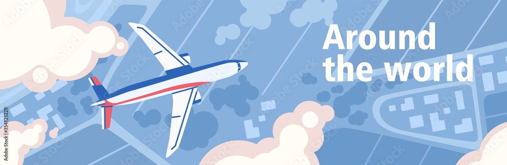 Around the world. Panoramic scenery top view with flight airplane vector flat illustration. Cartoon plane flying over natural landscape surrounded by clouds. Colorful horizontal banner - obrazy, fototapety, plakaty 