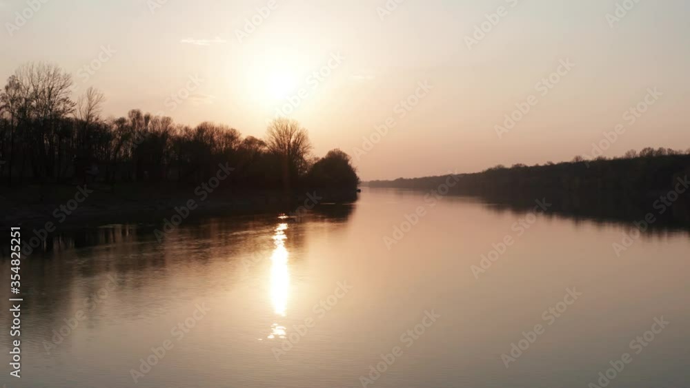 Rear sunset clear sky over the river Sava in Bosnia and Herzegovina. 4k footage Rear sunset clear sky over the river Sava in Bosnia and Herzegovina. 4k footage
