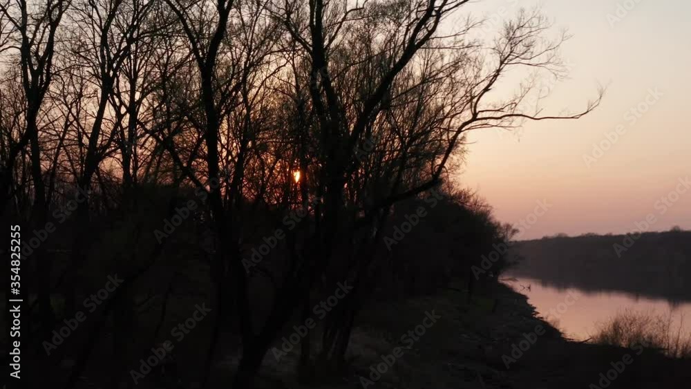 Flying drone in forest next to river at sunset time. Cinematic shoot in 4k. Drone cinematic flying behind trees in forest next to the beautiful river at Golden Hours sunset time. Flying drone in forest next to river at sunset time. Cinematic shoot in 4k. Drone cinematic flying behind trees in forest next to the beautiful river at Golden Hours sunset time.