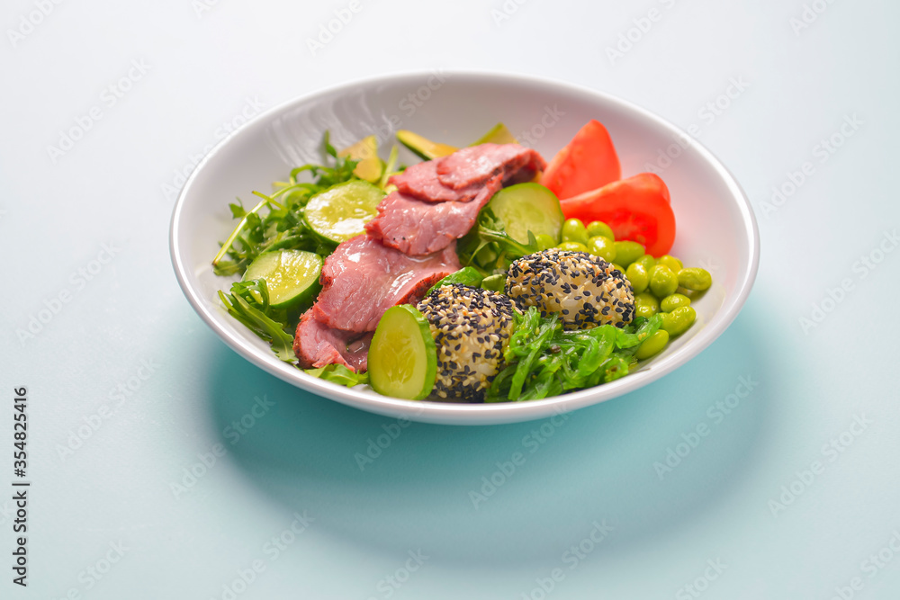 Fresh and organic vegetable salad with raw veggies - tomatoes, cucumbers, avocado. Flat lay, copy space banner. Fresh and organic vegetable salad with raw veggies - tomatoes, cucumbers, avocado. Flat lay, copy space banner.