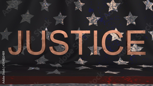  justice metal text on front American flag 3d rendering for law content.