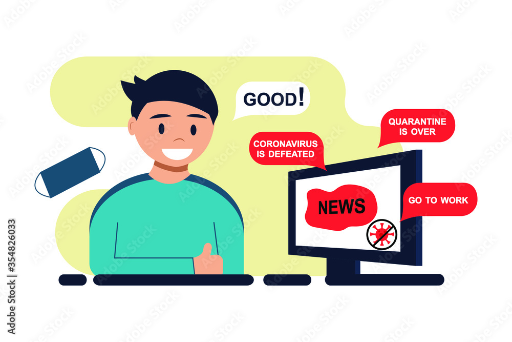 Good news. Happy man watching news on TV. Quarantine is over. Vector illustration in flat style, cartoon style Good news. Happy man watching news on TV. Quarantine is over. Vector illustration in flat style, cartoon style