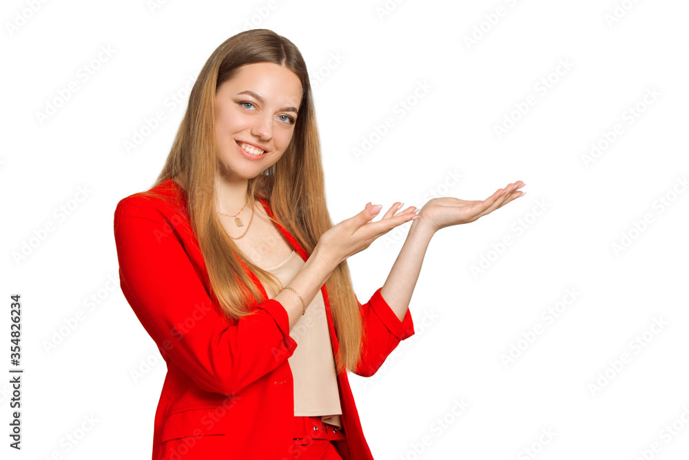 A young business woman against a white background isolated A young business woman against a white background isolated