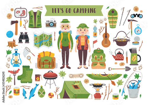 Camping equipment set. A vector tourist theme.