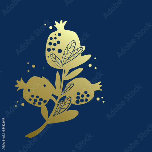 gold pomegranate, vector illustration with dark blue background