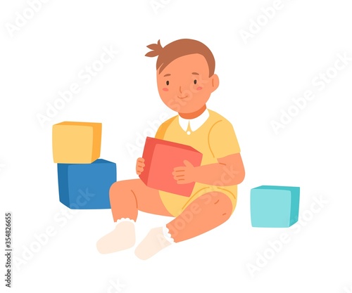 Cheerful smiling girl sitting holding colorful cubes vector flat illustration...