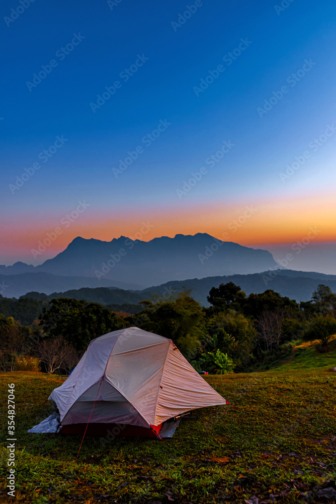 Tourist tent on the hill at San Pa Kia, Doi Mae Ta Man in Chiang Dao, Chiang mai, Thailand.