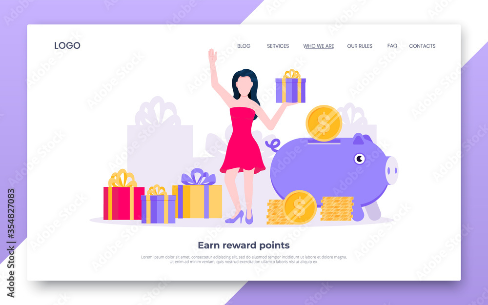 Earn points business landing page concept flat style design vector illustration. Loyalty reward points for purchase cashback program. Earn and get bonus signs. Happy woman standing near gift boxes.