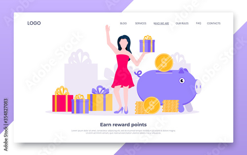 Earn points business landing page concept flat style design vector illustration. Loyalty reward points for purchase cashback program. Earn and get bonus signs. Happy woman standing near gift boxes.
