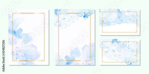 multipurpose card template with blue abstract watercolor background and golden frame