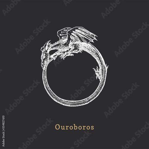 Ouroboros, vector illustration in engraving style. Vintage pastiche of esoteric and occult sign. Drawn sketch.
