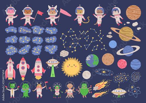 Big set of animal astronauts in space