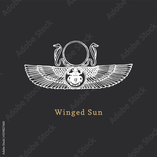Winged Sun, vector illustration in engraving style. Vintage pastiche of esoteric and occult sign. Drawn sketch.