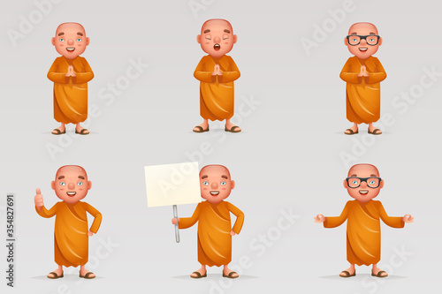 Buddhist cute monk traditional asian buddhist culture religion cartoon 3d realistic character icons design set vector illustration