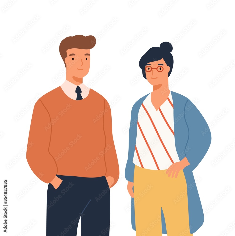 Portrait of funny businessman and businesswoman standing together vector flat illustration. Two stylish smiling people colleagues isolated on white. Joyful man and woman office workers