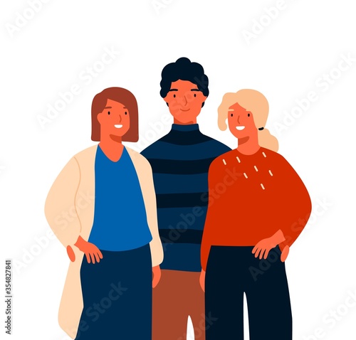 Team of smiling business man and woman posing together vector flat illustration. Happy young people standing having positive emotion isolated on white. Joyful stylish modern person or colleagues