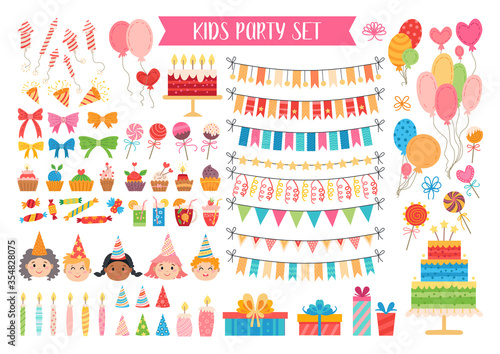 Kids party elements set. Flat birthday collection