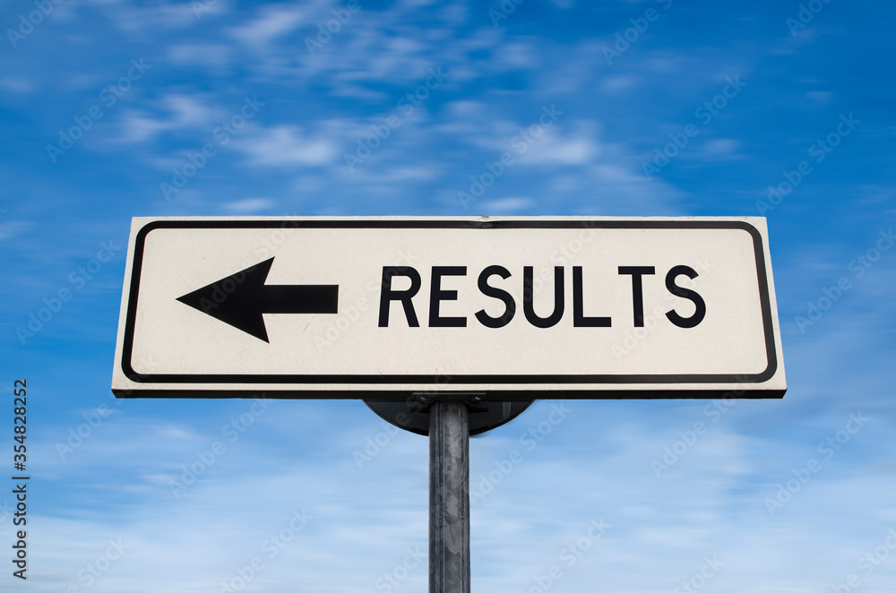 Results road sign, arrow on blue sky background. One way blank road sign with copy space. Arrow on a pole pointing in one direction. Results road sign, arrow on blue sky background. One way blank road sign with copy space. Arrow on a pole pointing in one direction.