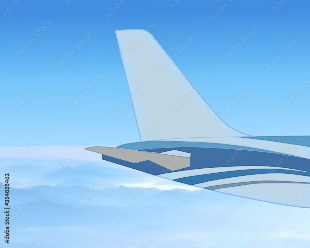 The tail of the airplane such as vertical stabilizer, horizontal stabilizer, and empennage. Blue tone color fuselage patterns. Airplane with blue and cloudy sky. View of aerial. The tail of the airplane such as vertical stabilizer, horizontal stabilizer, and empennage. Blue tone color fuselage patterns. Airplane with blue and cloudy sky. View of aerial.