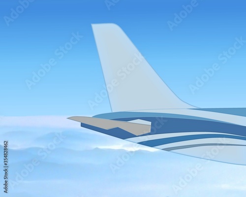 The tail of the airplane such as vertical stabilizer, horizontal stabilizer, and empennage. Blue tone color fuselage patterns. Airplane with blue and cloudy sky. View of aerial.