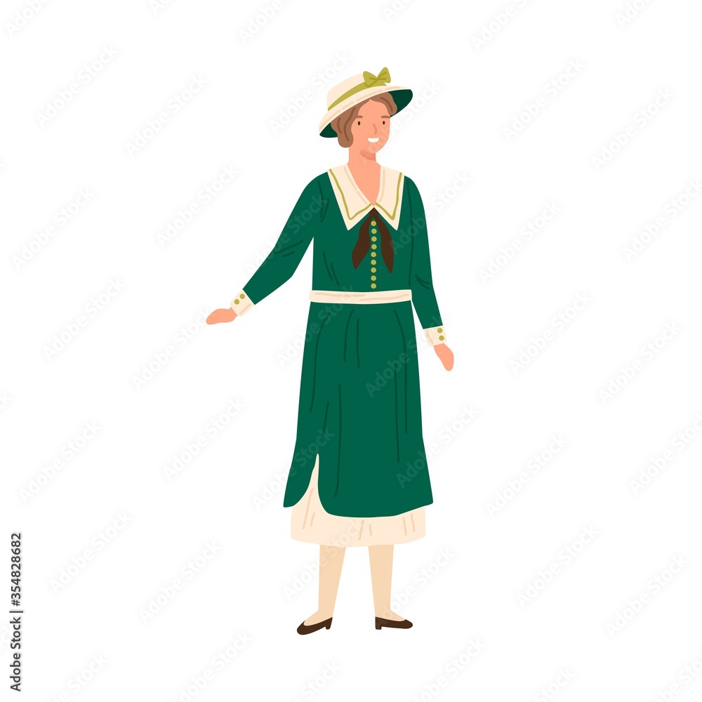 Smiling elegant woman standing in dress and hat vector flat illustration. Happy fashionable lady demonstrate retro style apparel isolated on white. Female posing in vintage garment of 1917 year Smiling elegant woman standing in dress and hat vector flat illustration. Happy fashionable lady demonstrate retro style apparel isolated on white. Female posing in vintage garment of 1917 year