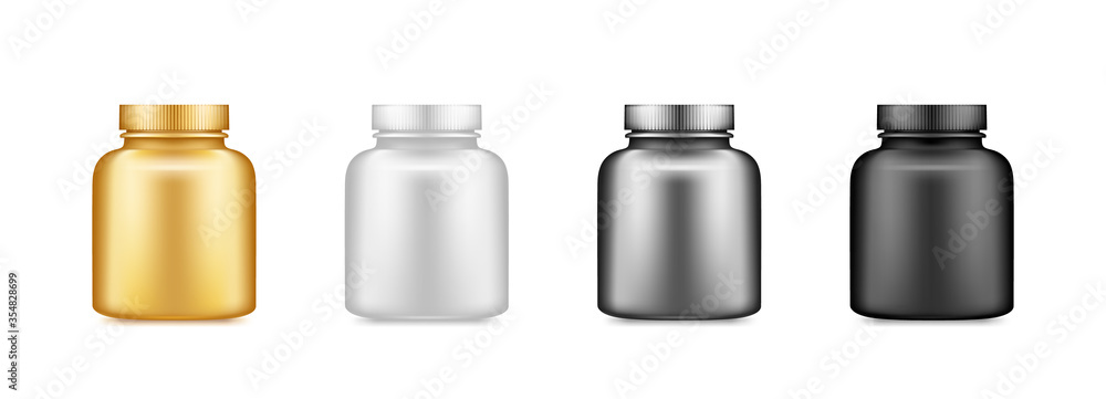 Gold, silver, black medicine pills plastic bottle mockup isolated on white background. Package design. Blank sport, fitness dietary nutrition, healthcare template. 3d realistic vector illustration Gold, silver, black medicine pills plastic bottle mockup isolated on white background. Package design. Blank sport, fitness dietary nutrition, healthcare template. 3d realistic vector illustration