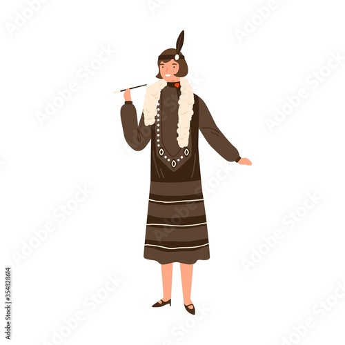 Pretty woman in vintage apparel hold mouthpiece vector flat illustration. Smiling stylish female demonstrate style of 20s isolated on white. Lady with stylish accessories. Fashion of 20th century