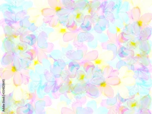 Colorful flower background as pink, blue, yellow colors. Soft bright pastel floral illustration wallpaper. Fresh flora pattern for card or background.