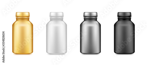 Gold, silver, black supplement plastic bottles mockup isolated on white background. Package design. Blank fitness, sport or dietary nutrition, healthcare template. 3d realistic vector illustration