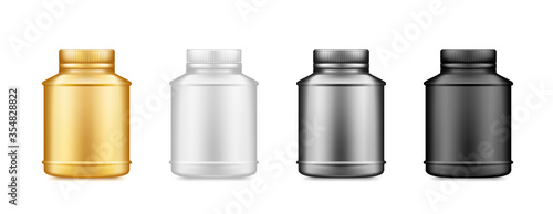 Black, gold, silver supplement bottle mockup isolated on white background. Plastic package design. Blank sport, fitness or dietary nutrition, healthcare template. 3d realistic vector illustration