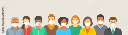 Group of people in protective medical face masks. Prevention of coronavirus, flu, urban air pollution, smog, contaminated air in the world. Wearing respirators to prevent covid-19. Social distance