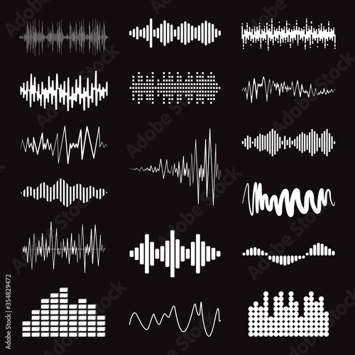 Big collection white music wave on black background. Set of isolated audio logos, pulse players, equalizer symbols sound design elements. Jpeg illustration