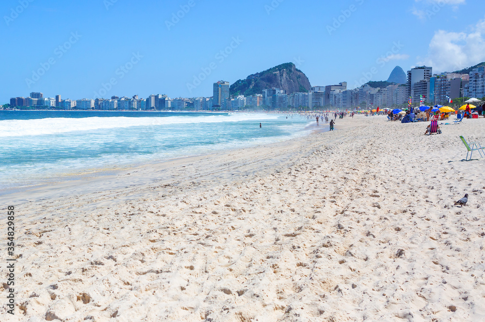 Rio de Janeiro, Brazil, 03/06/2020, Copacabana beach.
 Copacabana is a world-famous beach. The sandy strip with a length of more than 4 km is the longest beach in the world and one of the main landmar