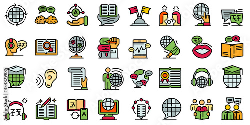 Translator icons set. Outline set of translator vector icons for web design isolated on white background