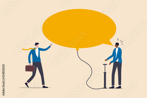 Inequality and injustice or racist and unequal for people of color or black people concept, African American black working man inflating message bubble but white man using needle to pop burst it.