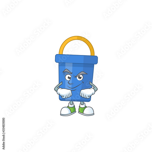 Blue sand bucket cartoon character design with sneaky face