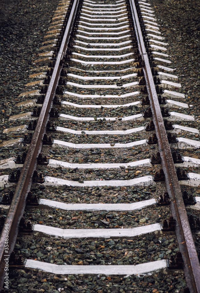 Railway rails and sleepers. Railway tracks shot from above Railway rails and sleepers. Railway tracks shot from above