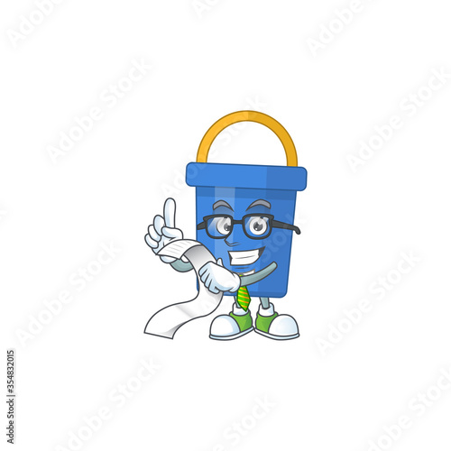 cartoon mascot design of blue sand bucket holding a menu list © kongvector