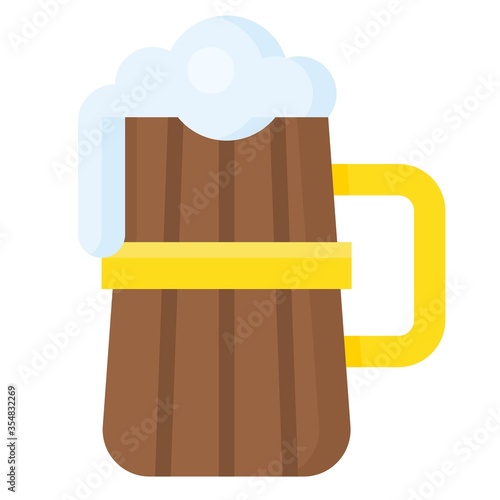 Wooden beer mug icon, Beverage flat vector illustration