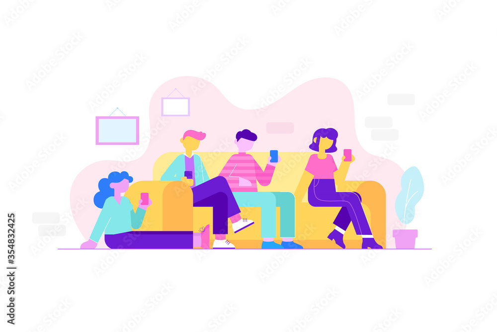 Gadget addicted people concept. Group of friends use their smartphones sitting on the couch together. Online news, play games, social media, internet. Modern flat style vector illustration Gadget addicted people concept. Group of friends use their smartphones sitting on the couch together. Online news, play games, social media, internet. Modern flat style vector illustration